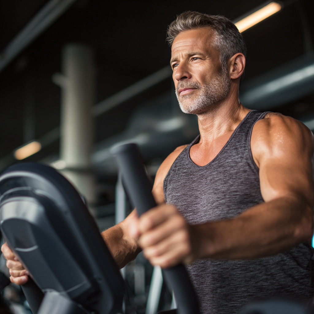 Mature man showing improvement in fitness after consistent training program