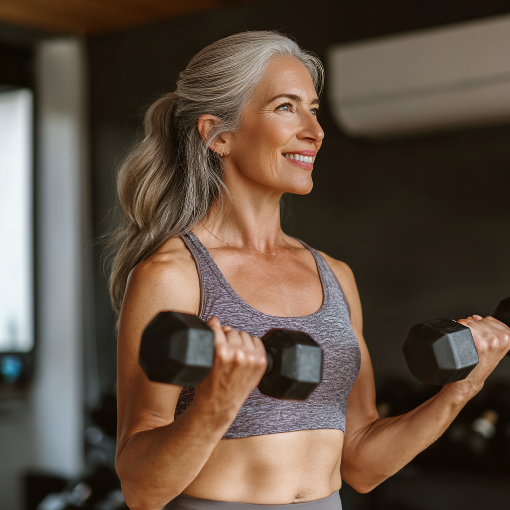 Middle-aged woman doing strength training exercises with confidence